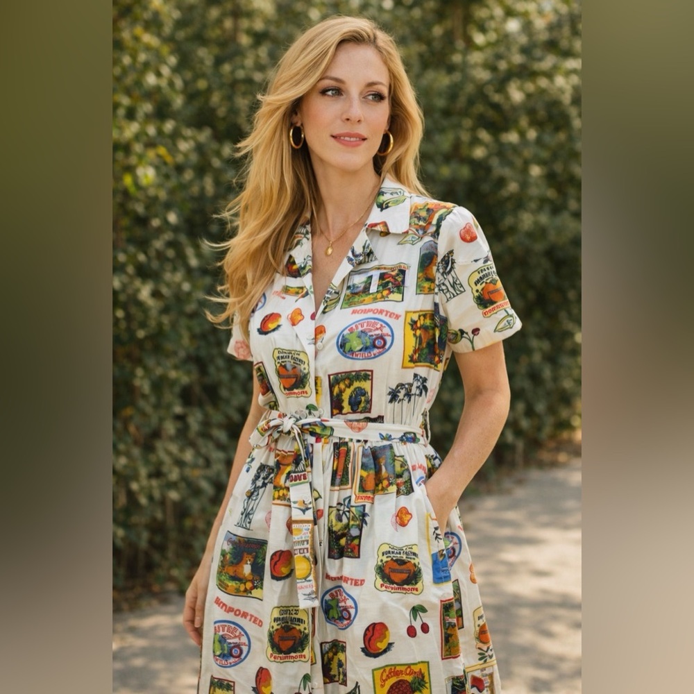 Anthropologie Travel Fruit-Print Button-Front Linen Dress with Tie Waist Medium